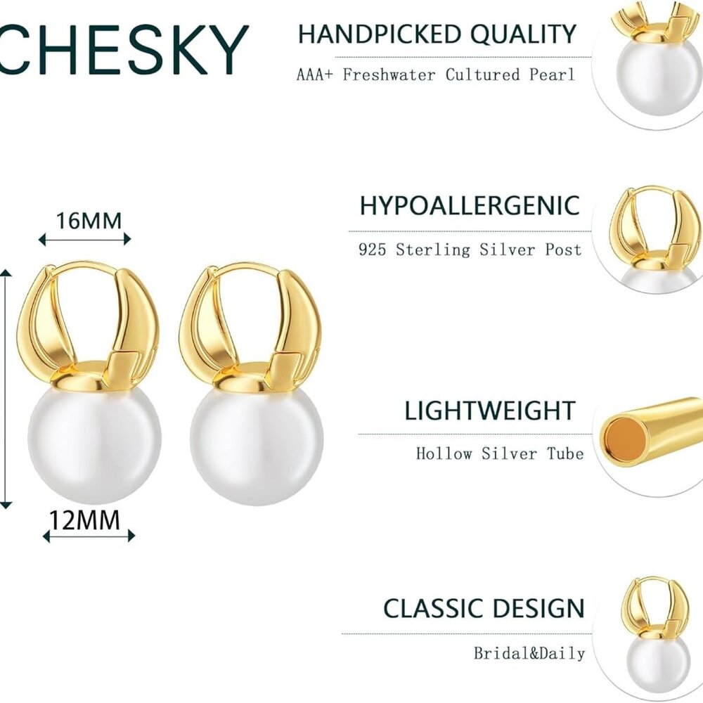 Pearl Earrings for Women, Dainty 14K Gold Plated/925 Sterling Silver Drop Qualit - Picture 5 of 9